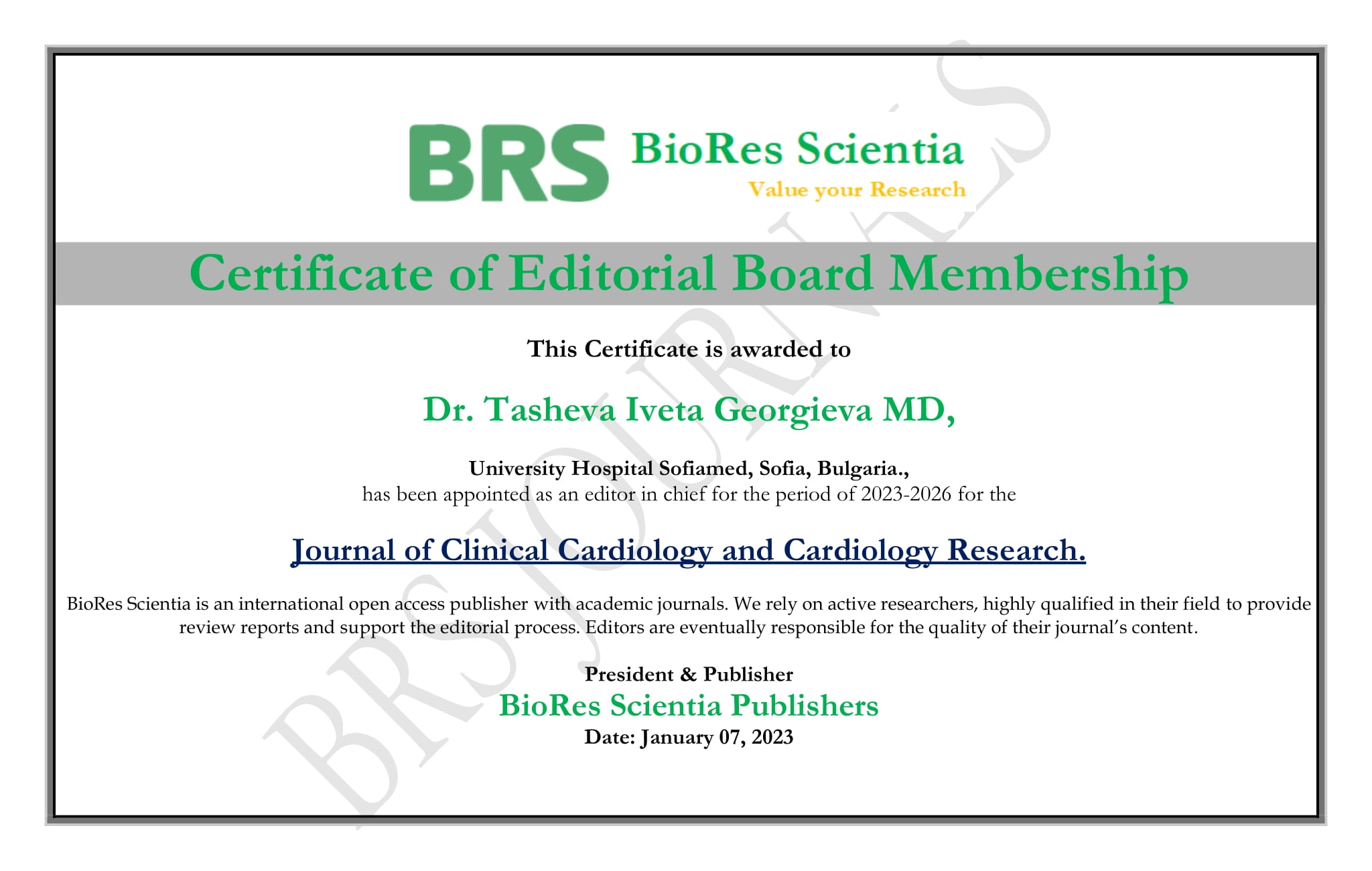 Доц. И.Ташева е новият член на международния редакционен  екип на американското списание „Journal of Clinical Cardiology and Cardiology Research“